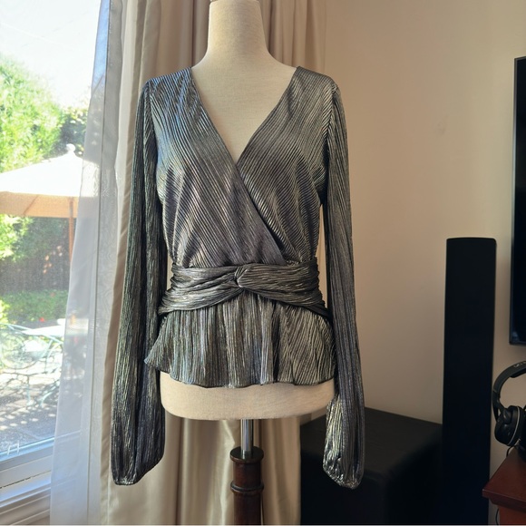ML Monique Lhuillier Metallic Blouse Silver Small - Picture 2 of 15